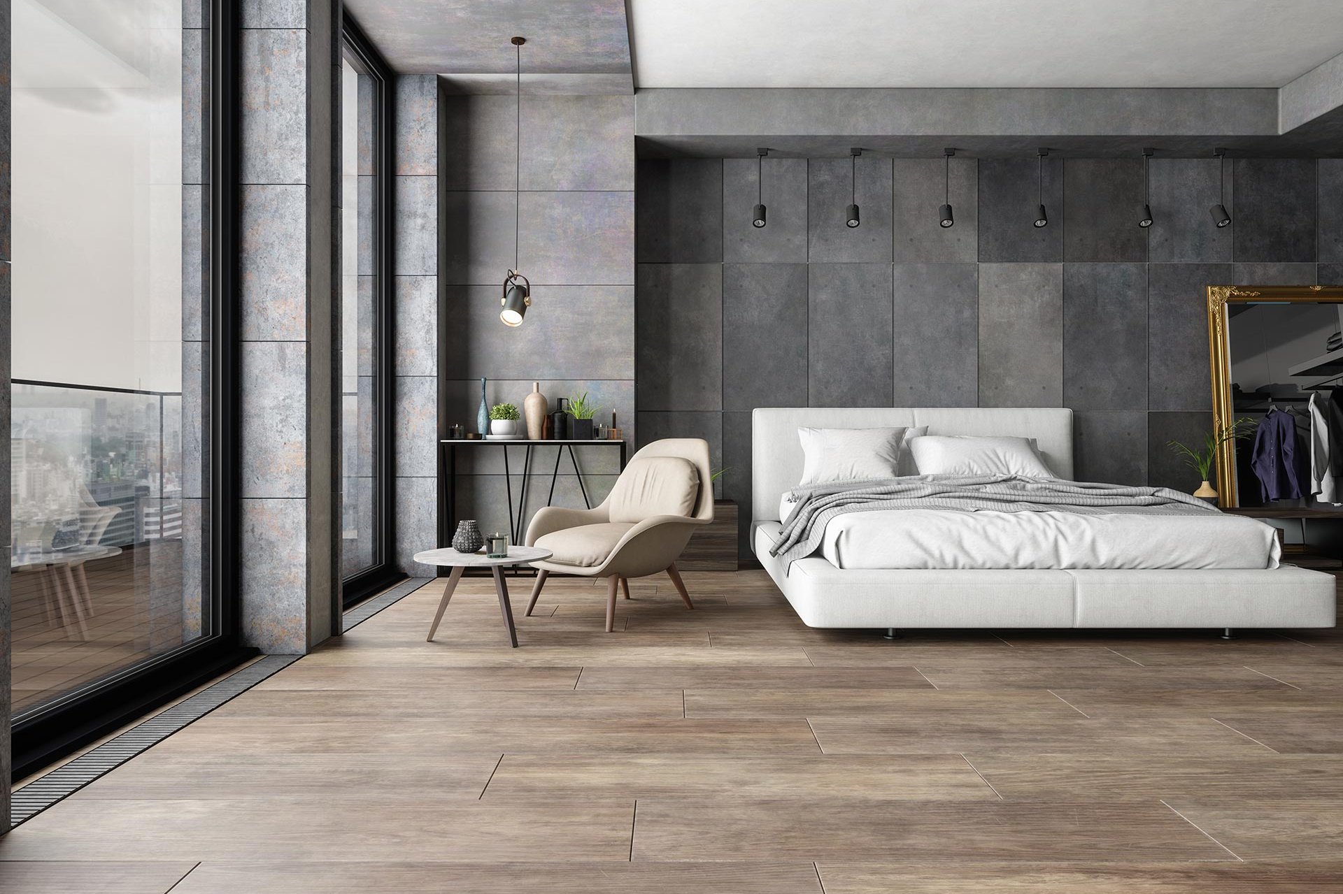 modernes Schlafzimmer mit Korkboden