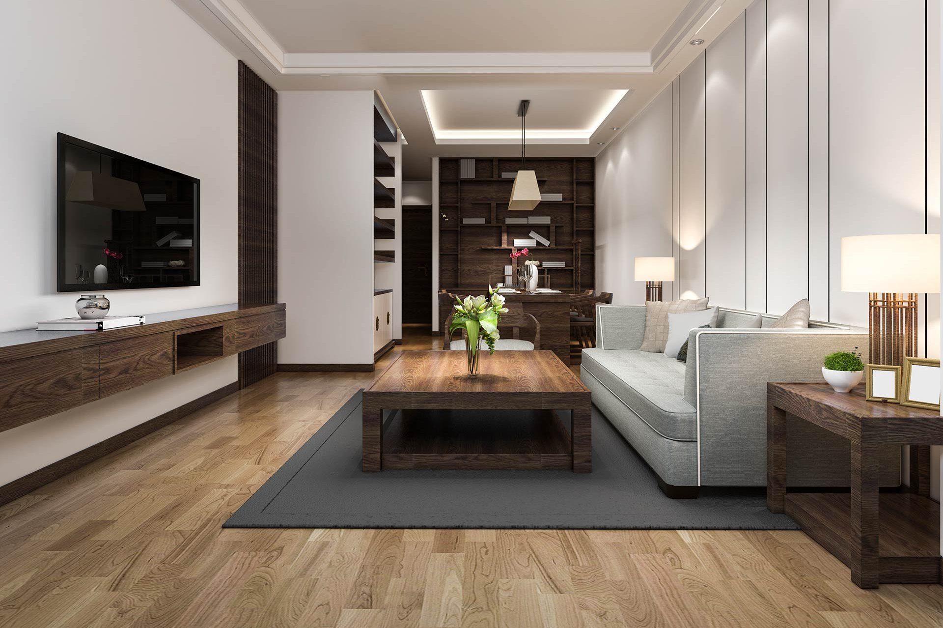 minimalistisches modernes Wohnzimmer mit Laminatboden