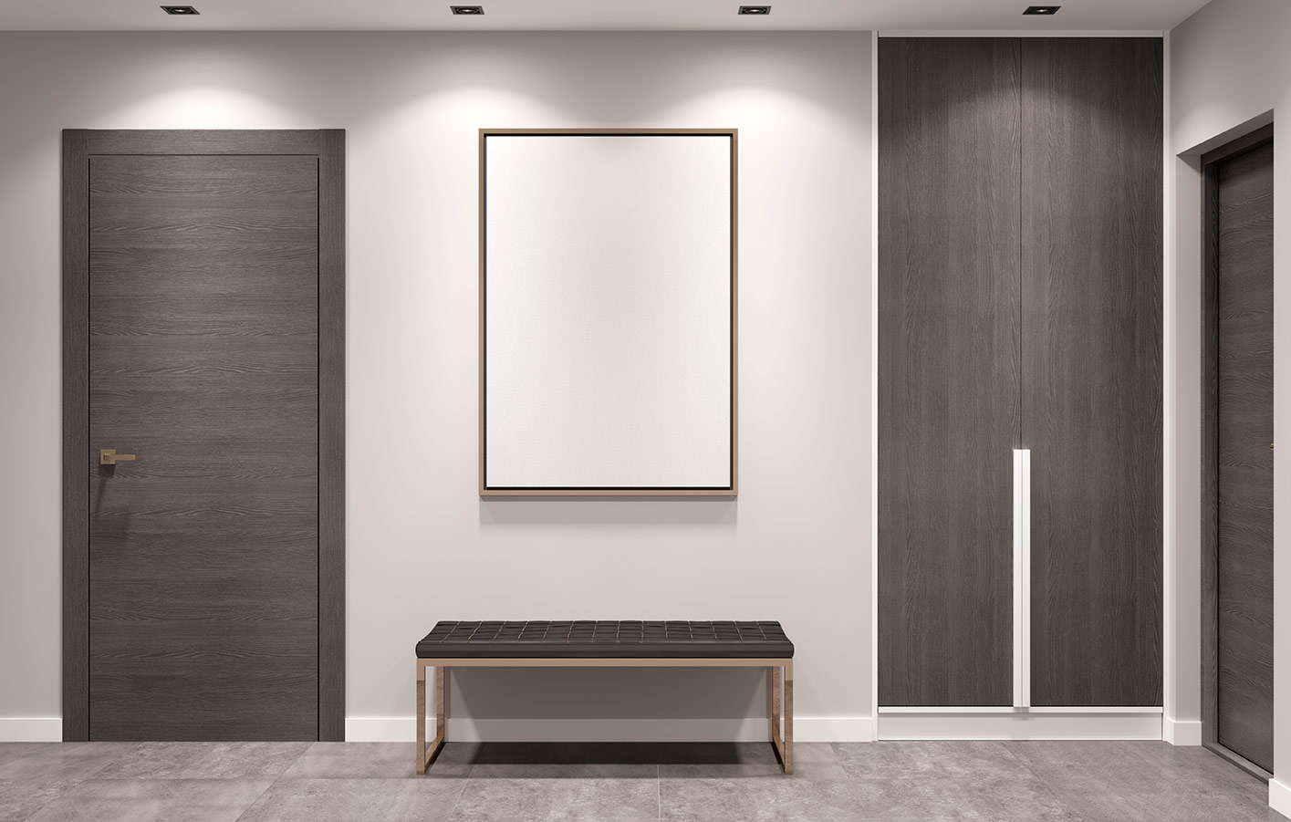 minimalistisch eingerichteter Raum mit dunkler CPL-Tür